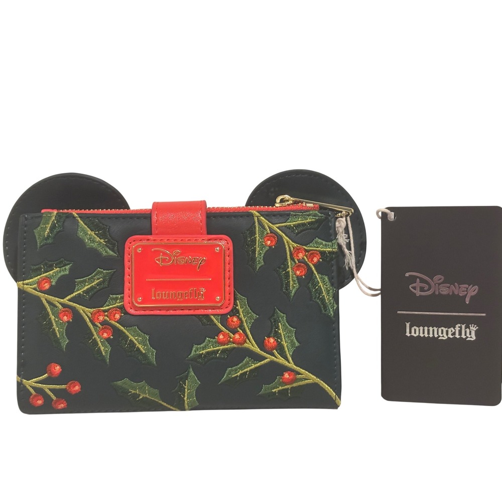 Loungefly Disney Minnie Mouse Wallet Christmas Holly Embroidered Black Red NEW